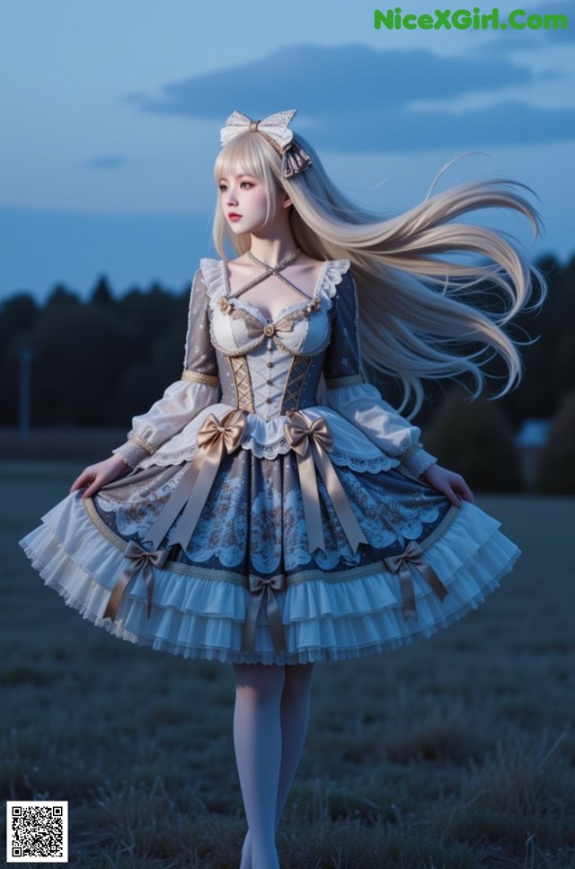 A woman with long blonde hair standing in a field.