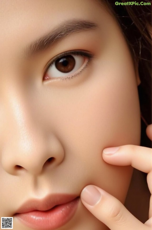 A close up of a woman's face with her hand on her cheek.