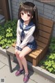 A girl in a school uniform sitting on a bench.