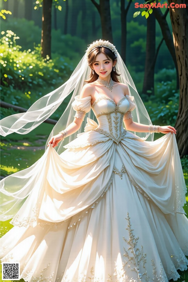 A woman in a wedding dress standing in the woods.