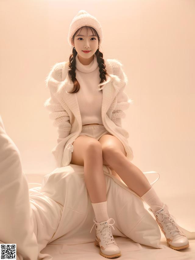 A woman sitting on top of a bed wearing a white sweater and skirt.
