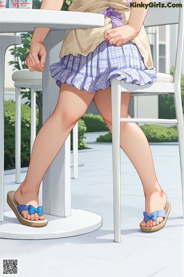 A woman sitting at a table with her legs crossed.