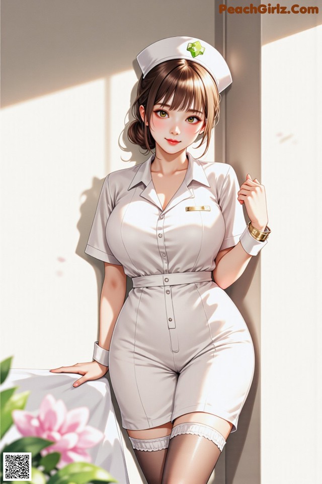 A woman in a nurse outfit leaning against a wall.
