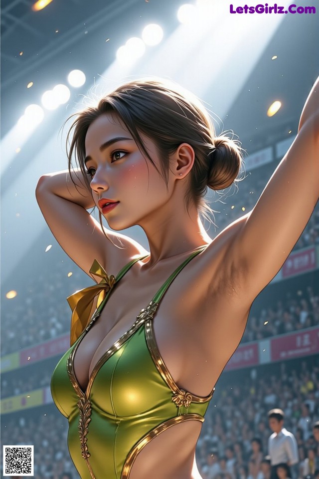 A woman in a green and gold bathing suit standing in front of a crowd.