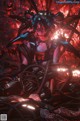 A woman in a futuristic outfit sitting on a pile of wires.