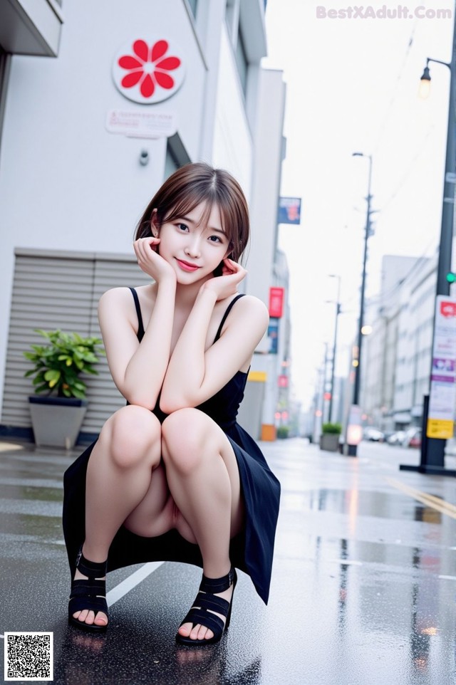 A woman in a black dress sitting on the ground.
