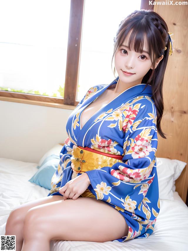 A woman in a blue kimono sitting on a bed.